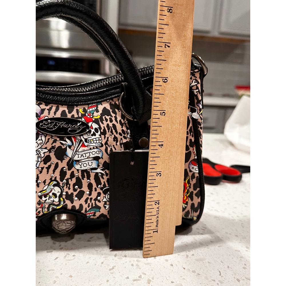 Ed Hardy Leopard Tattoo Print Rhinestone Satchel Bag NWT Skull Bling Y2K Small - Picture 5 of 9